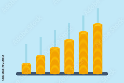 Flat illustration of coins stacked as bar graph concept growth and investments progress