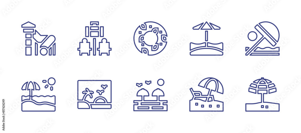 Vacation line icon set. Editable stroke. Vector illustration. Containing vacation, beach, postcard, float, aquapark, holidays, sunumbrella.