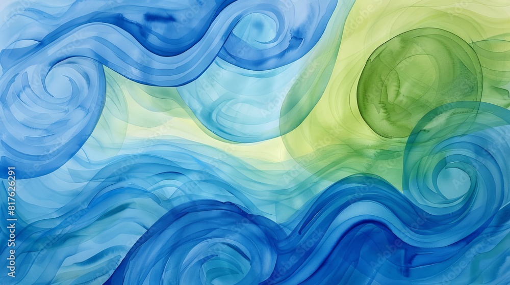 The painting is a swirl of blue and green colors, with the blue being the dominant color. The green swirls are smaller and more subtle, creating a sense of movement and depth The painting is a swirl of blue and green colors, with the blue being the dominant color. The green swirls are smaller and more subtle, creating a sense of movement and depth