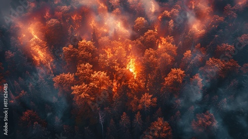 Intense wildfire consuming forest with dramatic flames and thick smoke
