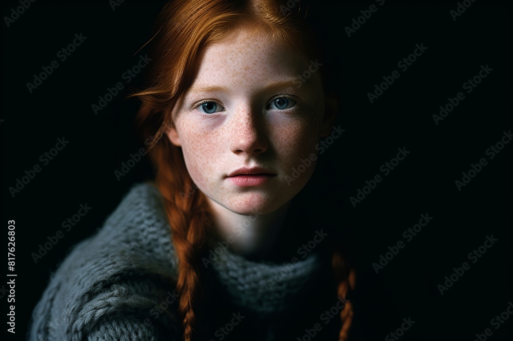 dramatic portrait of young redheaded girl in soft window light with black background dramatic portrait of young redheaded girl in soft window light with black background
