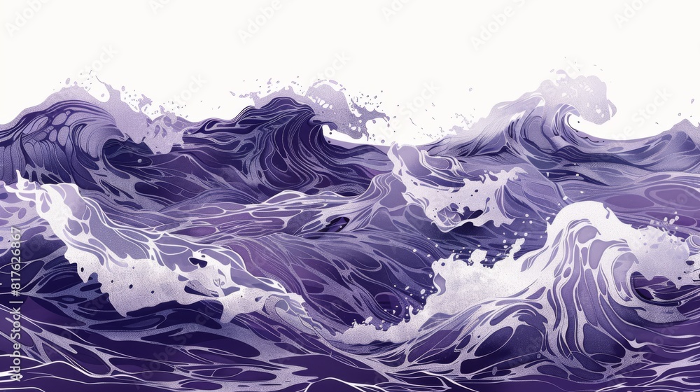 A large body of water with purple and white waves. The mood of the painting is calm and serene, as the waves gently lap against the shore. The artist has used a combination of brushstrokes A large body of water with purple and white waves. The mood of the painting is calm and serene, as the waves gently lap against the shore. The artist has used a combination of brushstrokes
