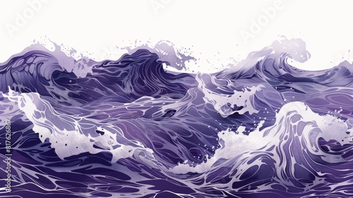 A large body of water with purple and white waves. The mood of the painting is calm and serene, as the waves gently lap against the shore. The artist has used a combination of brushstrokes
