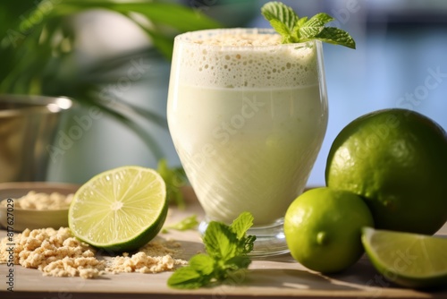  Photo showcasing a close-up of a frosty glass filled to the brim with Oatzempic smoothie, highlighting the creamy texture and zesty lime flavor against a backdrop of vibrant ingredients