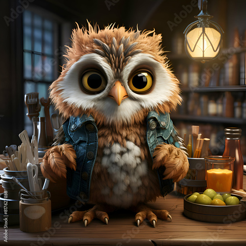 Owl sitting in a cafe. 3D rendering. Illustration. photo