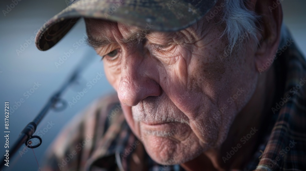A man with a fishing pole and a hat on his head. He is looking at the camera A man with a fishing pole and a hat on his head. He is looking at the camera