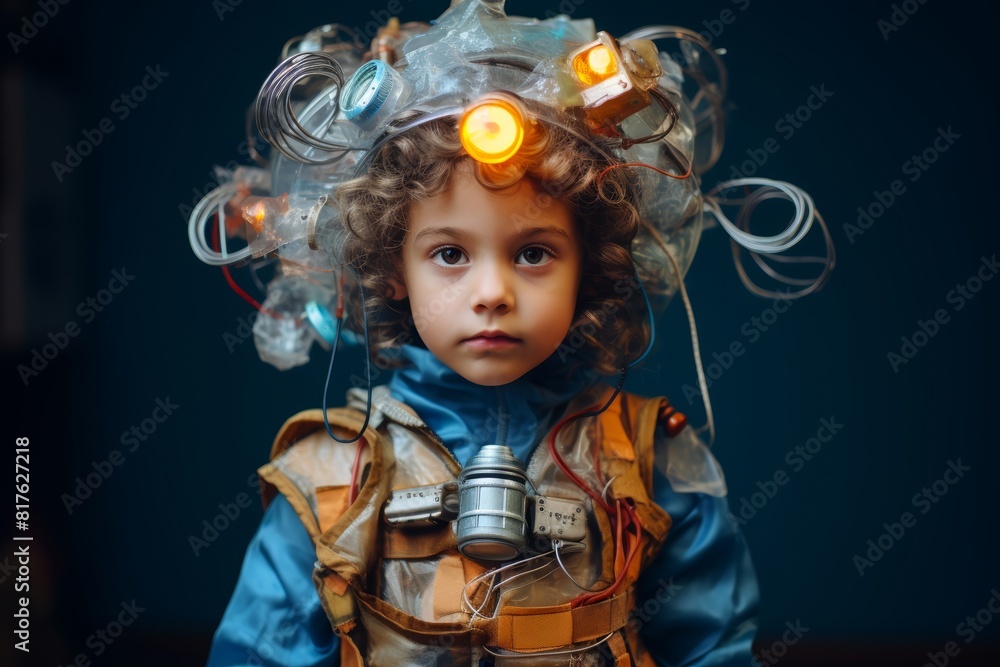 Fototapeta premium Portrait of a child proudly wearing a costume made from upcycled materials, fostering creativity and environmental awareness through DIY fashion
