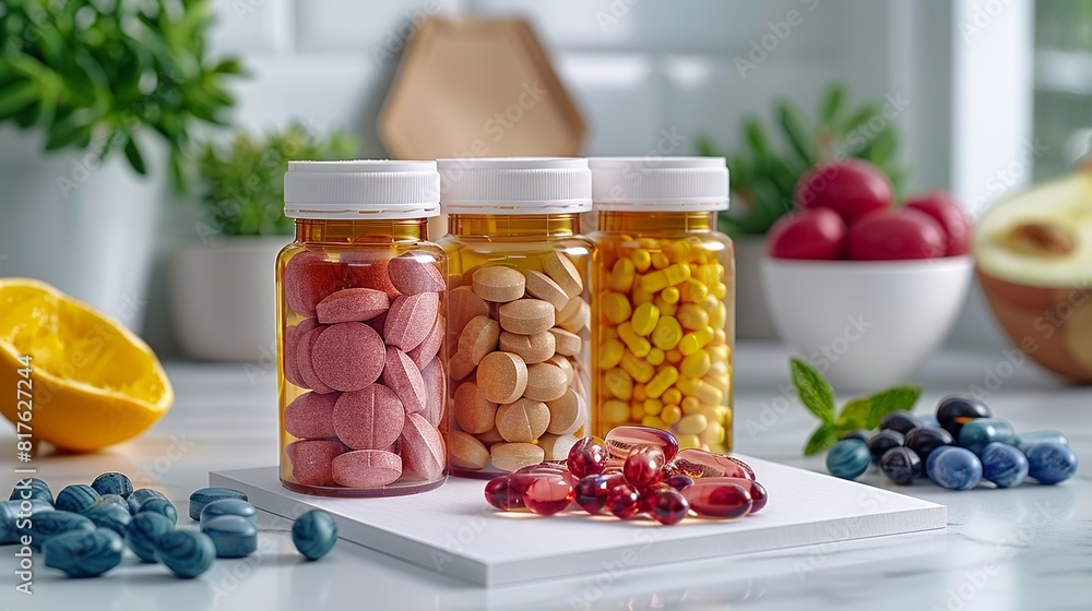 Package on white background, Round plastic bottle for dietary supplements, displayed on a die-cut white background. surrealistic Illustration image, Package on white background, Round plastic bottle for dietary supplements, displayed on a die-cut white background. surrealistic Illustration image,