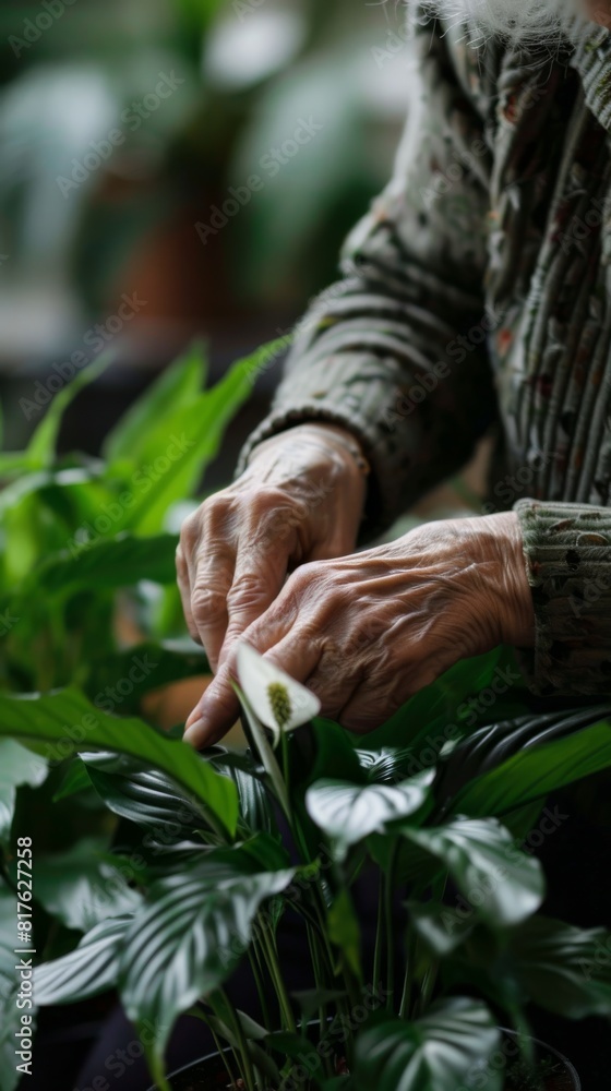 A woman is tending to a plant with her hands. The plant is green and has a white flower. The woman is wearing a green sweater and she is focused on her task