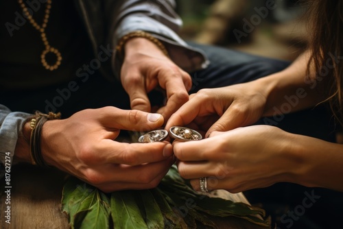 Portrait of a couple exchanging handmade upcycled wedding rings, symbolizing their commitment to sustainability and conscious consumerism