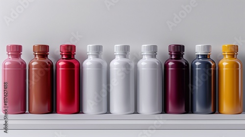 Package on white background, White plastic bottle with various colored caps, placed on a die-cut white background. surrealistic Illustration image,
