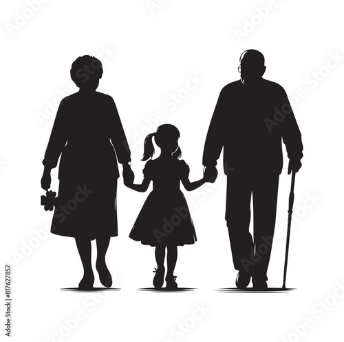 Silhouette  of grandparents walking with 
granddaughter Illustration icon vector