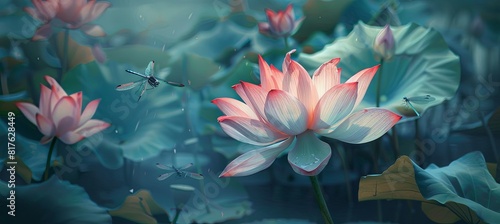 lotus flower  dragonflies flying around
