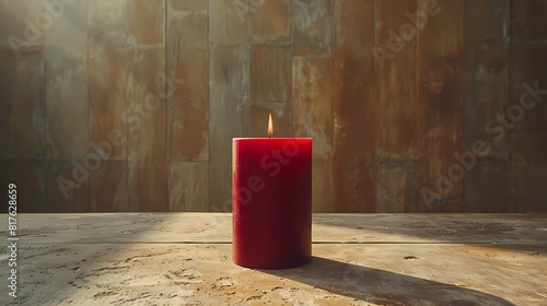 A minimalist still life featuring a single red candle, its vibrant color standing out against a muted background