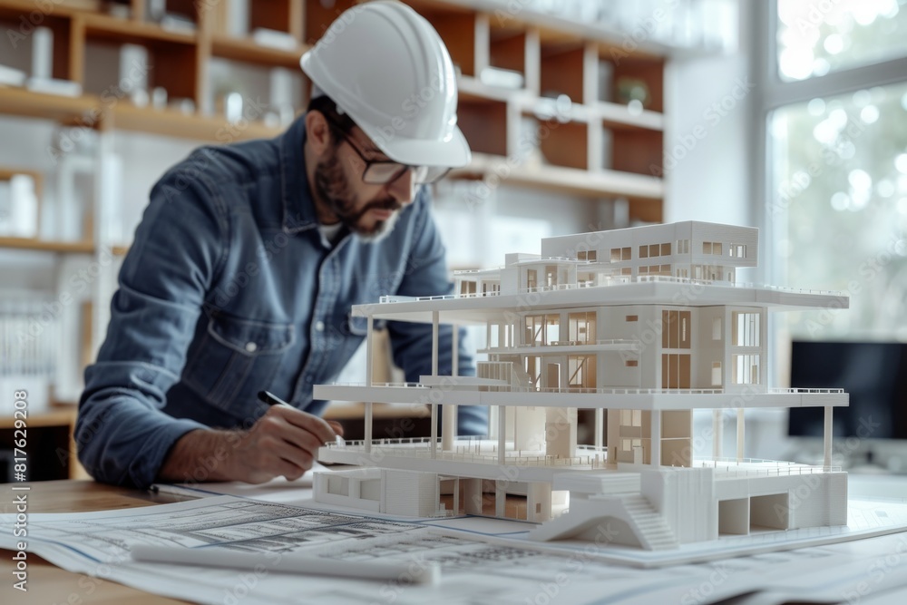 A man is drawing a building on a table A man is drawing a building on a table