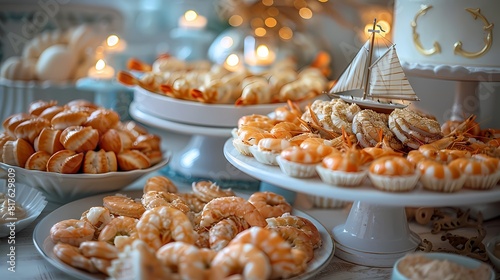 A nautical themed birthday party with sailboat centerpieces, anchor decorations, and a seafood feast fit for sailors photo