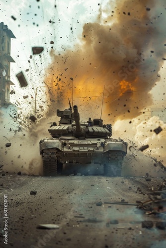 A dynamic shot of an Military tank M1 Abrams crashing through a barricade into a city street Dust and debris explode outward