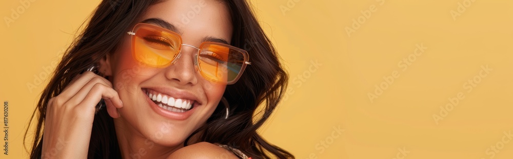 A beautiful woman with long dark hair and orange sunglasses smiles while holding her hand to the side of her mouth, on an isolated light yellow background A beautiful woman with long dark hair and orange sunglasses smiles while holding her hand to the side of her mouth, on an isolated light yellow background