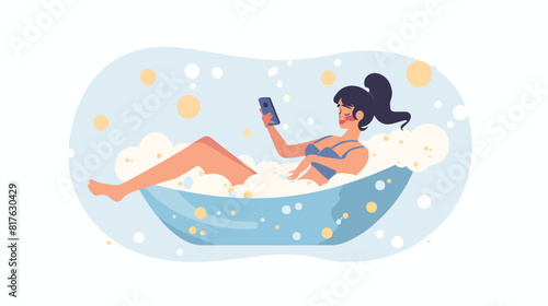 Relaxed woman taking bath surfing internet on smartph
