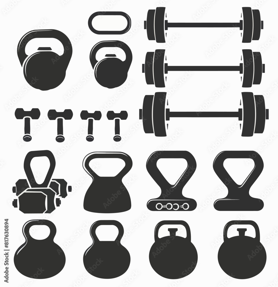 a set of gym equipment silhouettes on a white background a set of gym equipment silhouettes on a white background
