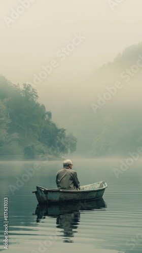 A man is sitting in a small boat on a lake. The sky is cloudy and the water is calm. The man is enjoying the peacefulness of the scene
