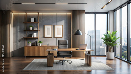 Professional office interior with a blank frame on the wall and sleek furniture