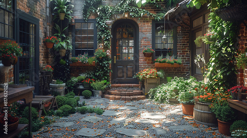 A charming townhouse with a rustic  fieldstone exterior  featuring a cozy courtyard and overflowing gardens  nestled in a quiet city neighborhood.
