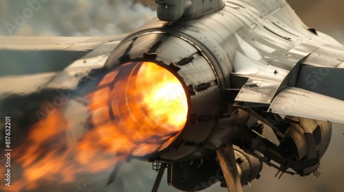 Close-up of an F-16 engine during an afterburner blast, flames and heat distortion visible