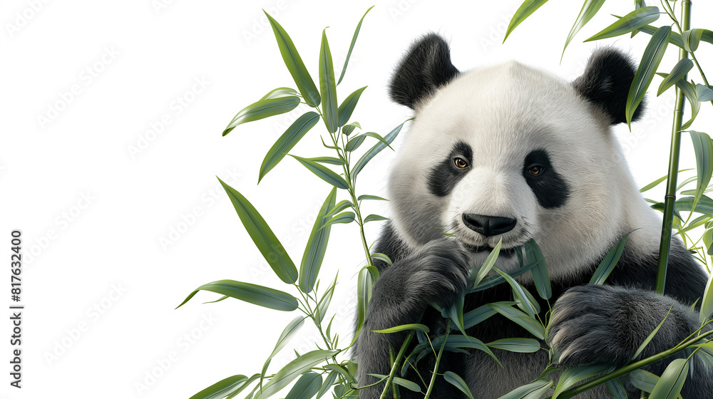 Naklejka premium A cute panda bear eating bamboo.