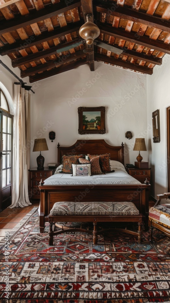 A bedroom with a wooden bed, a rug, and a picture on the wall. The room has a cozy and warm atmosphere A bedroom with a wooden bed, a rug, and a picture on the wall. The room has a cozy and warm atmosphere