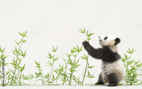 A cute panda is standing on the right side of the photo. It has black and white fur and is looking up at some bamboo branches. The background is white.
