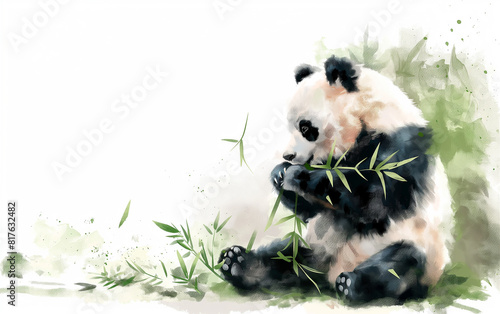 Cute watercolor style illustration of a panda eating bamboo.