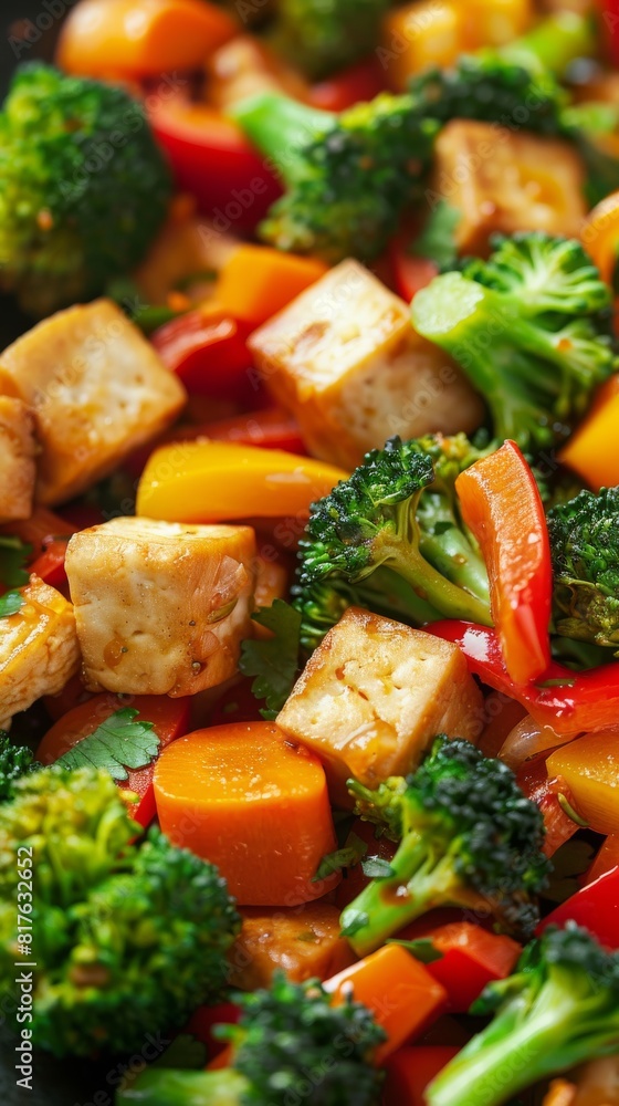 A plate of food with a variety of vegetables including broccoli, carrots, and peppers. The dish is colorful and appetizing, with the vegetables arranged in a visually appealing manner A plate of food with a variety of vegetables including broccoli, carrots, and peppers. The dish is colorful and appetizing, with the vegetables arranged in a visually appealing manner