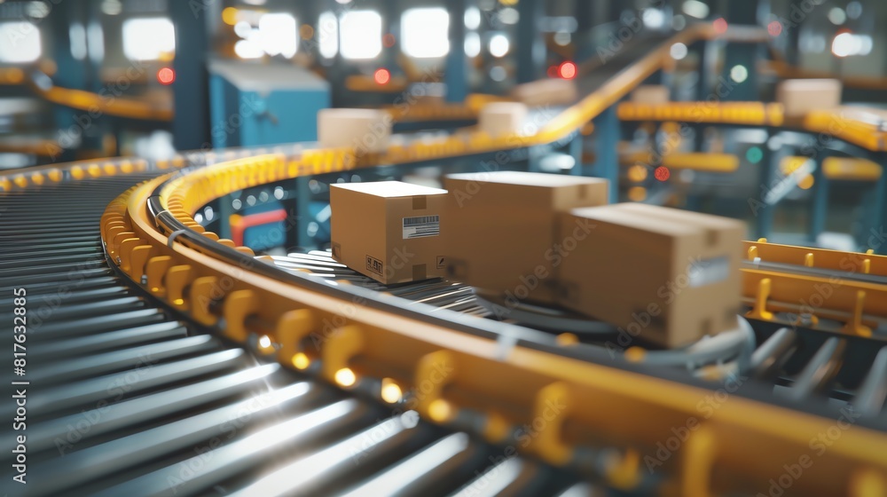 3D render of a small conveyor belt system with packages moving along it 3D render of a small conveyor belt system with packages moving along it