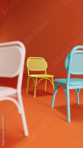 3d rendering of colorful chairs on the floor