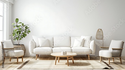 white sofa with chairs and coffee table on white wall in living room interior
