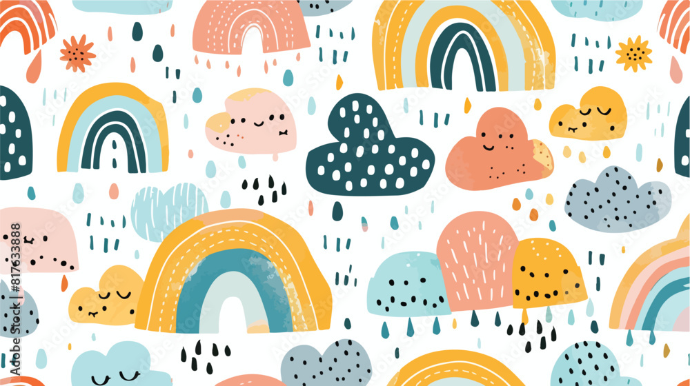 Seamless childish pattern with cute rainbows and rain
