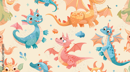 Seamless childish pattern with cute dragons. Kids background