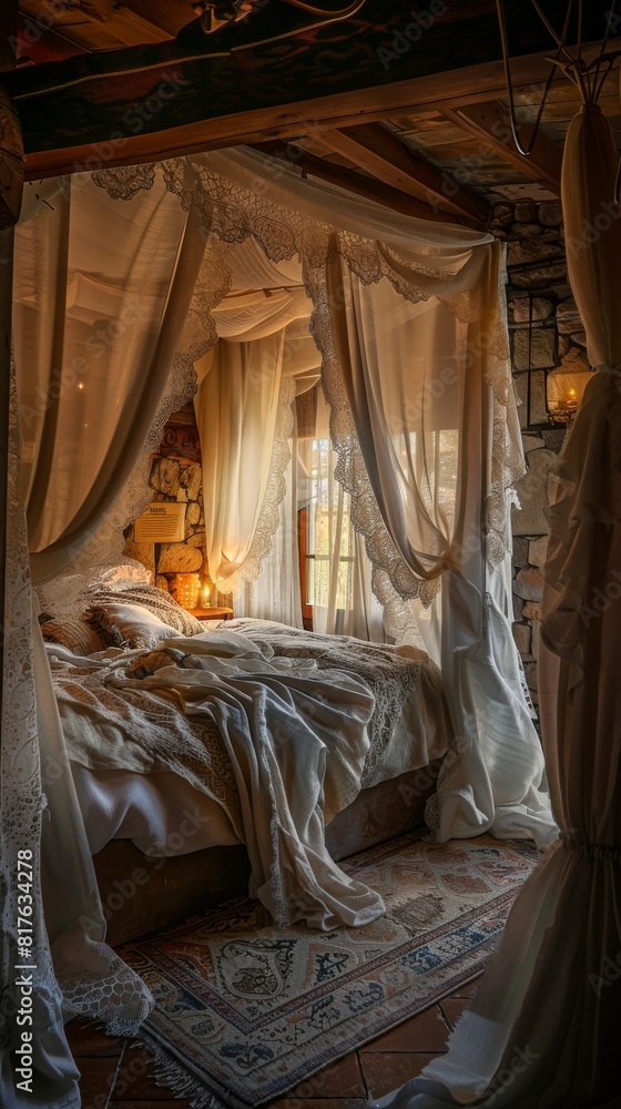 A bedroom with a canopy bed and white curtains. The room has a cozy and romantic atmosphere A bedroom with a canopy bed and white curtains. The room has a cozy and romantic atmosphere