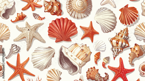 Seamless marine pattern with seashells corals and sta photo
