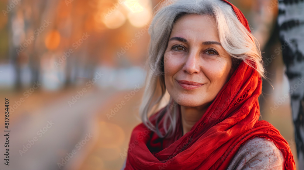 A woman wearing a red scarf is smiling. She is standing in front of a tree. The scene has a warm and friendly atmosphere. Portrait of a beautiful middle-aged woman in a red scarf A woman wearing a red scarf is smiling. She is standing in front of a tree. The scene has a warm and friendly atmosphere. Portrait of a beautiful middle-aged woman in a red scarf