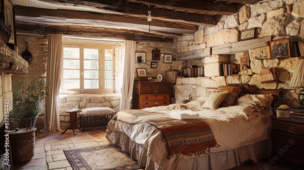 A cozy bedroom with a bed, dresser, and a fireplace. The room has a rustic feel with a lot of bookshelves and a potted plant A cozy bedroom with a bed, dresser, and a fireplace. The room has a rustic feel with a lot of bookshelves and a potted plant