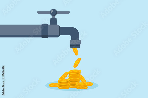 Flat illustration of coins falling from tap steady flow of investments returns finance