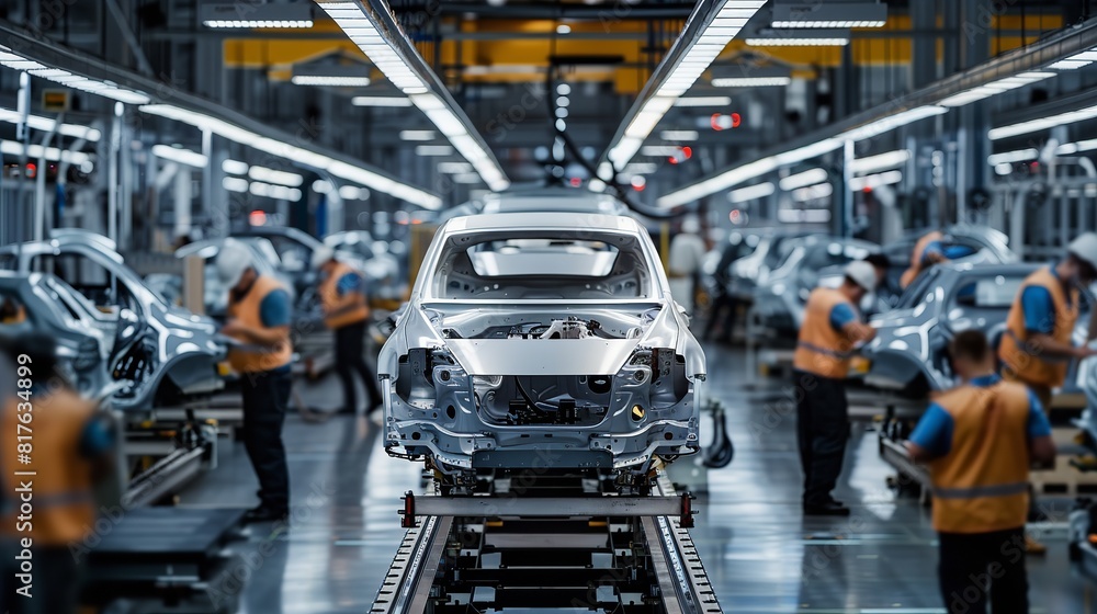 Car parts move along a conveyor belt as workers assemble vehicles in a bustling factory setting Car parts move along a conveyor belt as workers assemble vehicles in a bustling factory setting