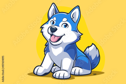 a blue and white dog sitting on top of a yellow background