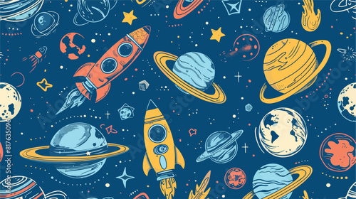 Seamless pattern with cartoon space objects hand draw
