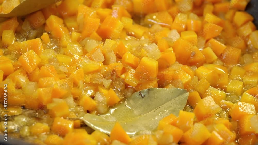 Preparation of carrot and leek sauté with bay leaf and olive oil. Preparation of carrot and leek sauté with bay leaf and olive oil.
