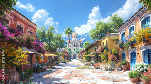 A charming traditional town built around a central plaza, with colorful houses, arched walkways, and outdoor dining areas overlooking a church. photo