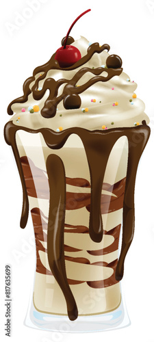 Ice cream sundae with chocolate syrup and cherry