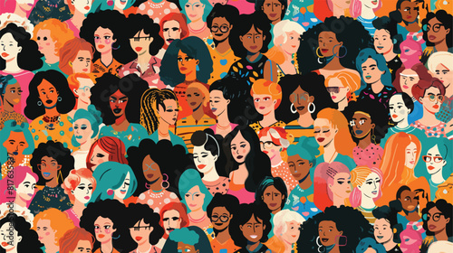 Seamless pattern with diverse female faces. Crowd of